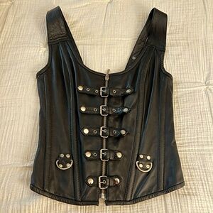 Size Medium Soft Black Leather Biker Vest with Silver Buckles and Snaps